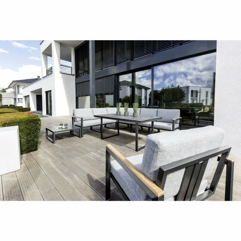 Kettler "Ocean Skid Modular" Loungeserie, Gestell Aluminium anthrazit, Polster Olefin hellgrau meliert, Armlehnen Teak, Tisch "Skate"