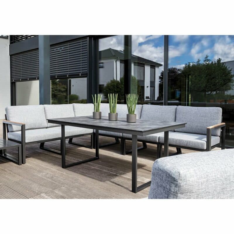 Kettler "Ocean Skid Modular/Skate" Casual Dining Set, Alu anthrazit/hellgrau meliert, Armlehnen Teak, Tisch "Skate", hier Variante HPL anthrazit