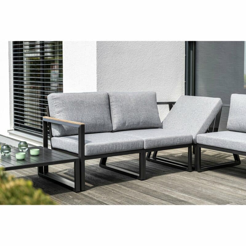 Kettler "Ocean Skid Modular" Loungeserie, Gestell Aluminium anthrazit, Polster Olefin hellgrau meliert, Armlehnen Teak