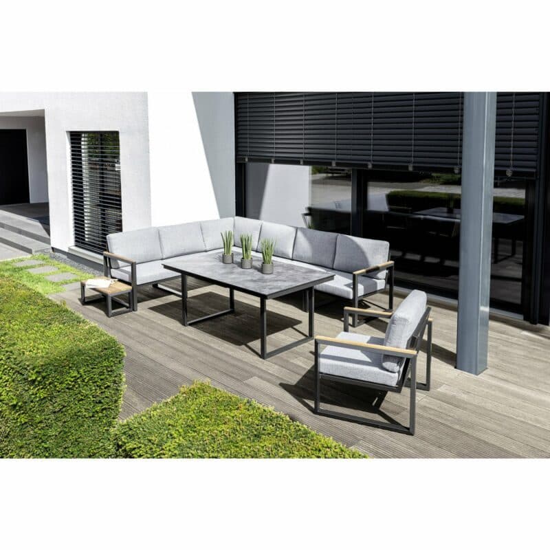 Kettler "Ocean Skid Modular" Loungeserie, Gestell Aluminium anthrazit, Polster Olefin hellgrau meliert, Armlehnen Teak, Tisch "Skate"