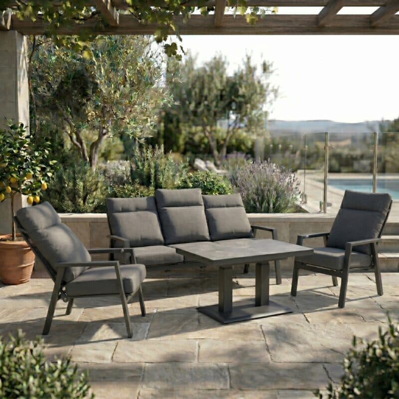 Lesli Living Loungset mit 3-Sitzer und zwei Sesseln "Ohio" sowie Loungetisch "Murcia", Alu charcoal, Tischplatte Keramik stone