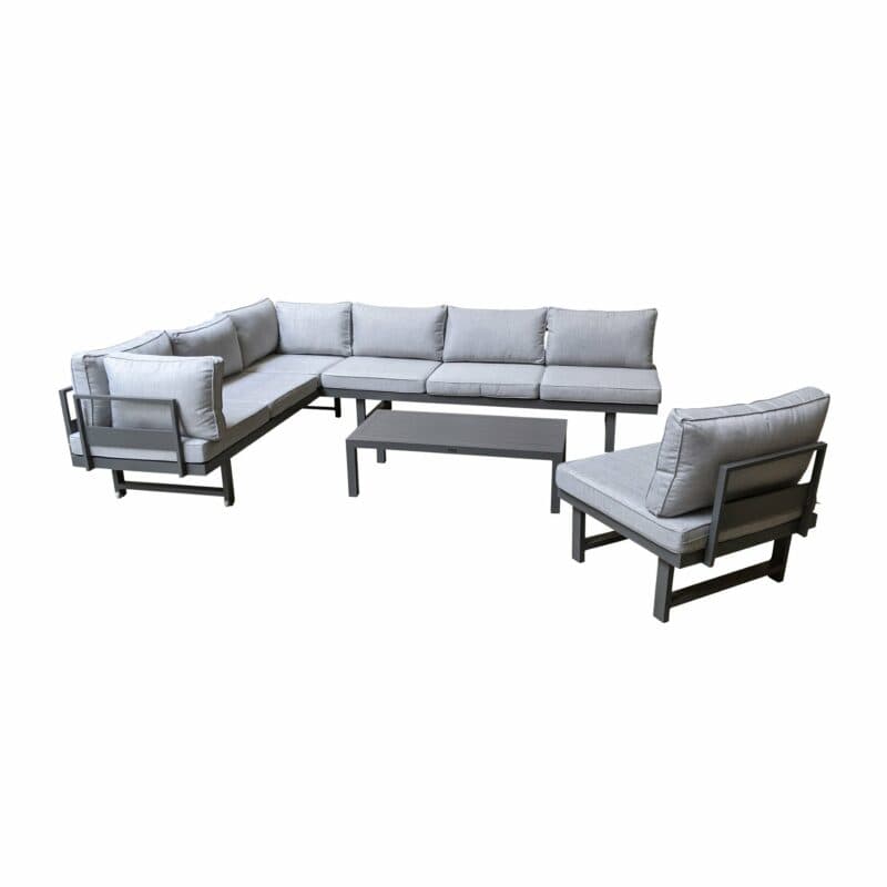 Home Islands "New Chalong" Loungeset mit 2x Sofa, Sessel & Tisch, Gestelle Aluminium anthrazit, Polster hellgrau