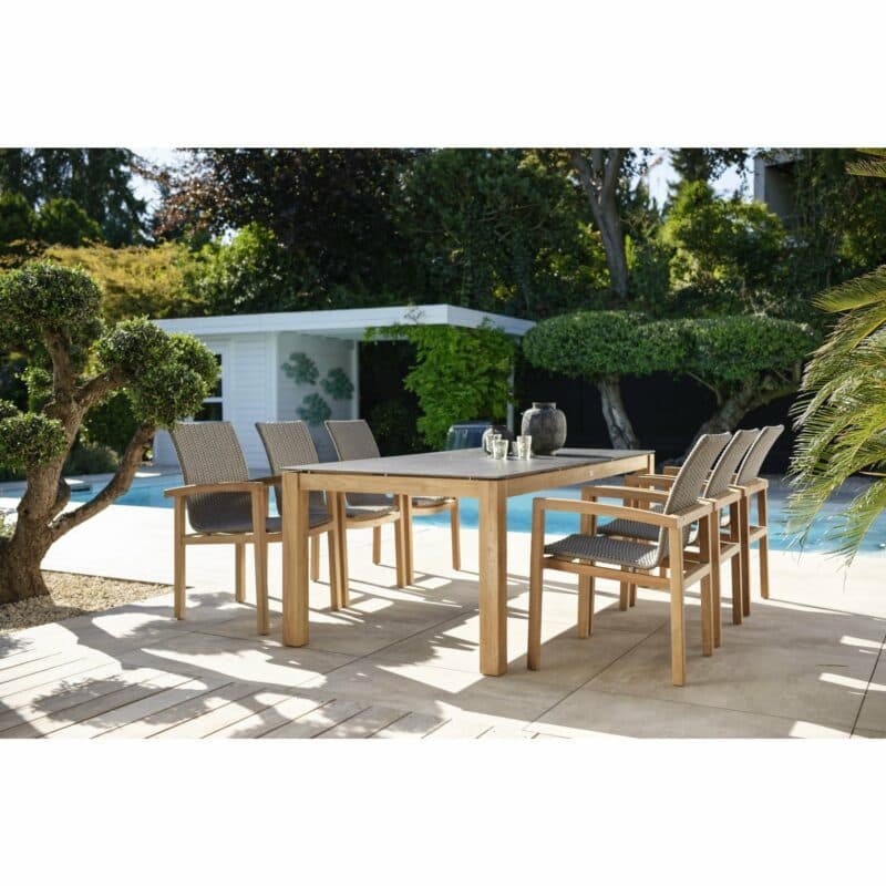 Stern Gartenmöbel-Set mit Diningsessel "Leah" und Gartentisch "Leah" 200x100 cm, Teakholz-Gestelle, Tischplatte Dekton Lava anthrazit
