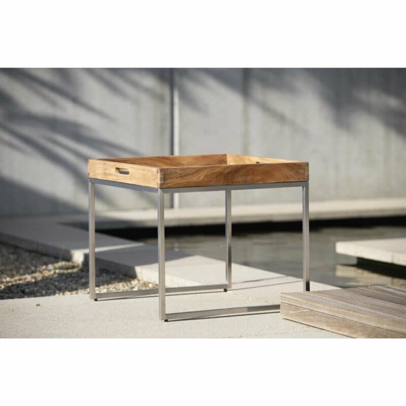 Stern Tabletttisch, Gestell Edelstahl. Tablett/Tischplatte Teak