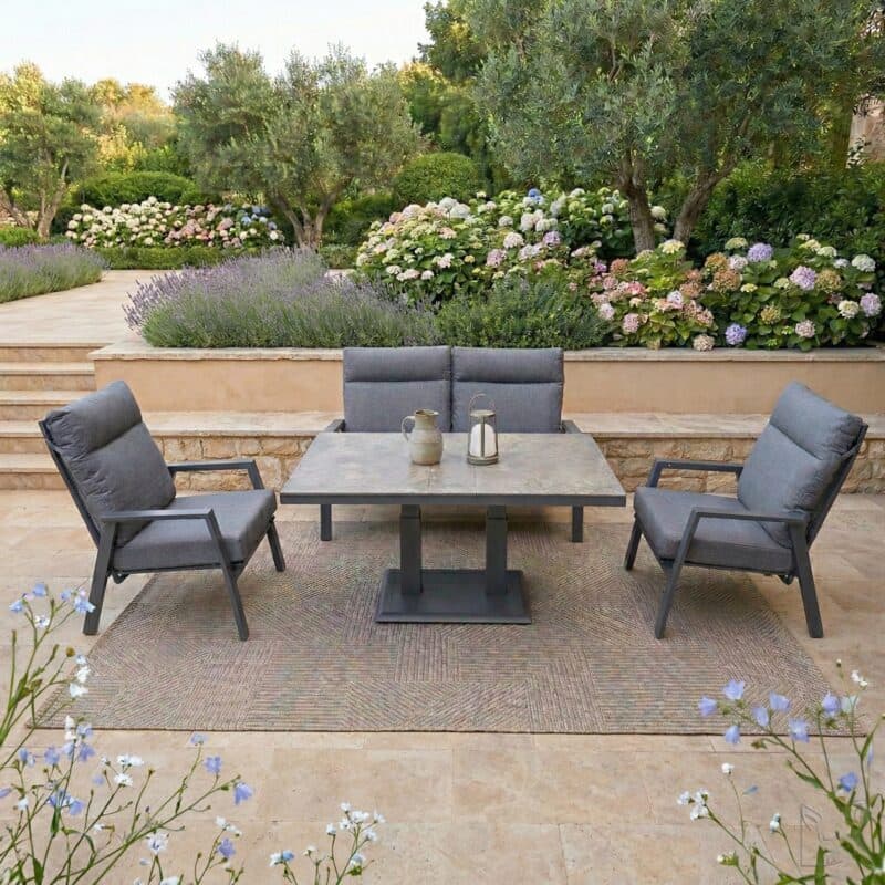 Lesli Living "Ohio" Loungeset mit "Murcia" Loungetisch höhenverstellbar, Gestelle Alu, Polster anthrazit, Tischplatte Keramik stone (Bild KI-generiert)