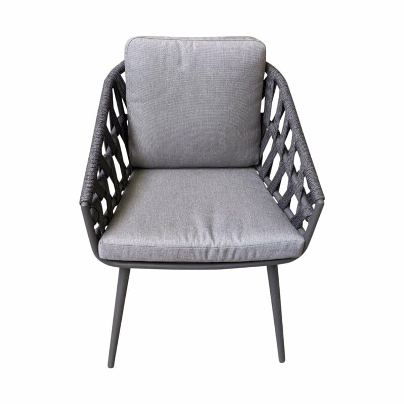 Jati&Kebon Dining-Sessel "Palm", Gestell Aluminium eisengrau, Rope cross weaving schwarz mit Kissen Natté Charcoal Chiné