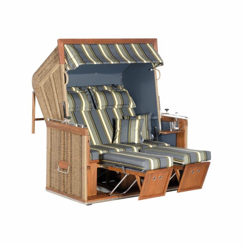 Sonnenpartner "Präsident Teak XL" Strandkorb, 2,5-Sitzer, Rundgeflecht Hyazinthoptik,, Markisenstoff Dessin 69 und uni anthrazit