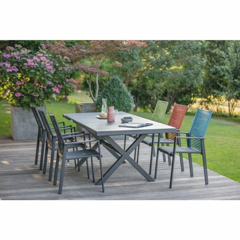 Niehoff "Cervo" Gartenstuhl, Gestell Aluminium anthrazit, Sitzfläche Textilen gepolstert schwarz, Rückenlehne Rope mit Ausziehtisch "Nalvo"