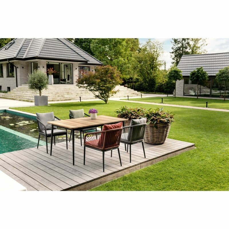 Niehoff Gartenstuhl "Pino" und Gartentisch "Luna", Gestell Aluminium anthrazit, Tischplatte Teakholz, Sitzfläche Rope, Kissen Olefin