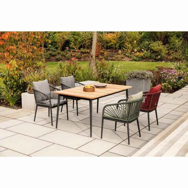 Niehoff Gartenstuhl "Pino" und Gartentisch "Luna", Gestell Aluminium anthrazit, Tischplatte Teakholz, Sitzfläche Rope, Kissen Olefin