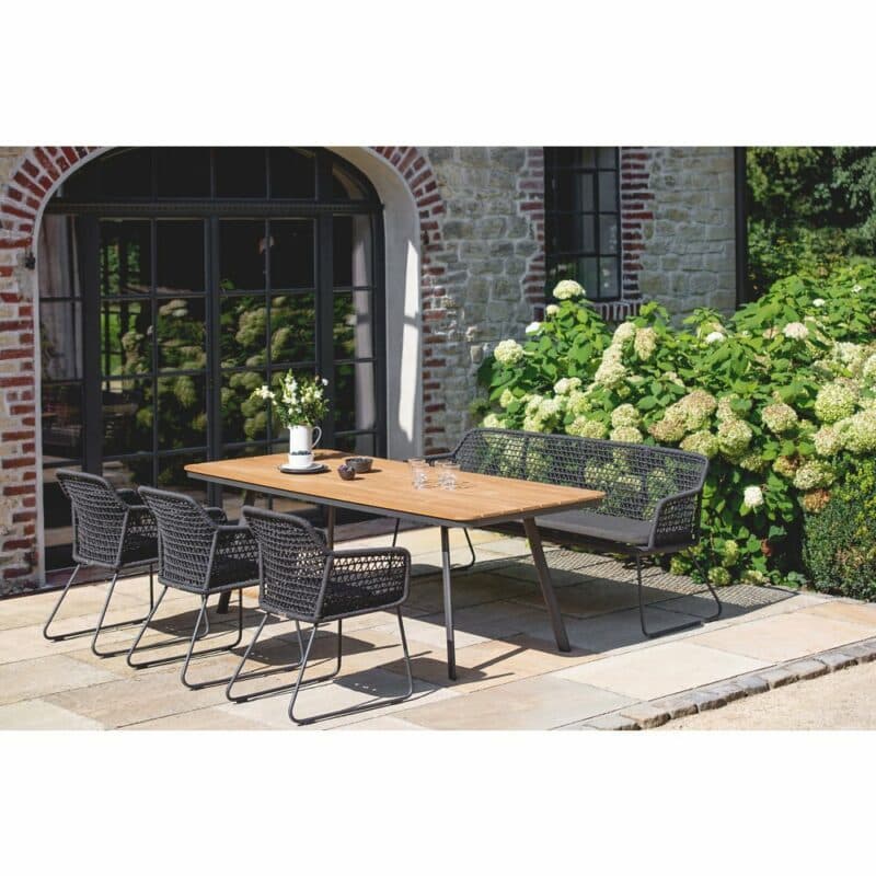 Niehoff "Kubu" Gartentisch 220x95 cm, Gartenstuhl und -bank, Gestell Aluminium anthrazit, abgerundete Tischplatte mit Teak-Leisten