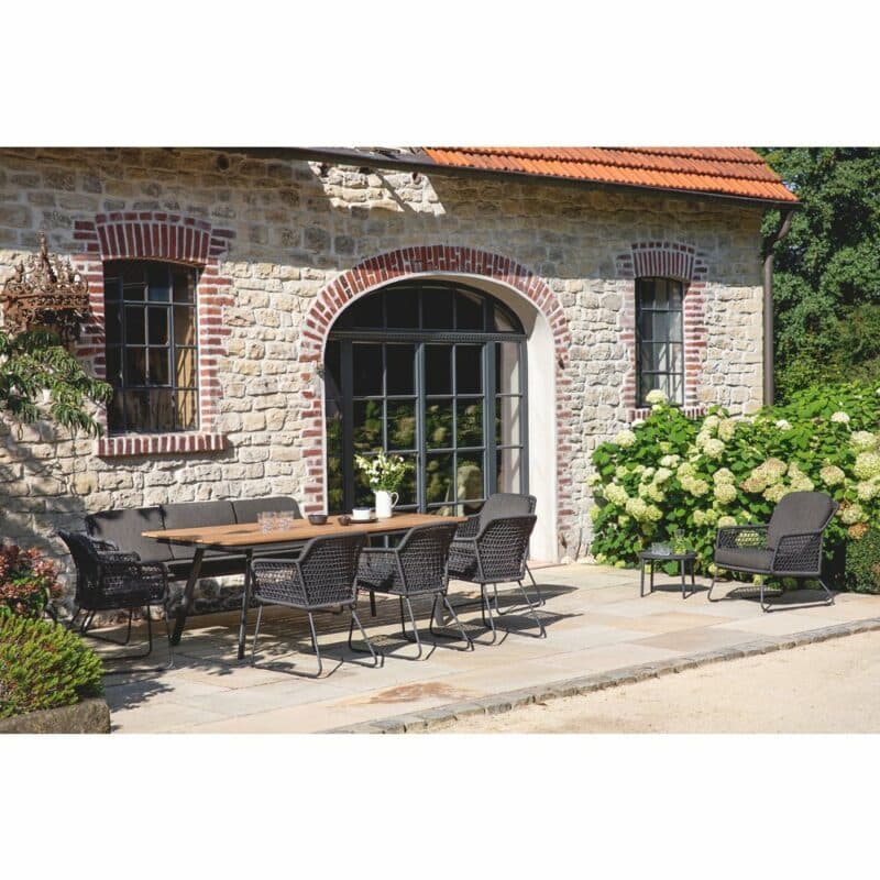 Niehoff "Kubu" Gartentisch 220x95 cm, Gartenstuhl und -bank, Gestell Aluminium anthrazit, abgerundete Tischplatte mit Teak-Leisten