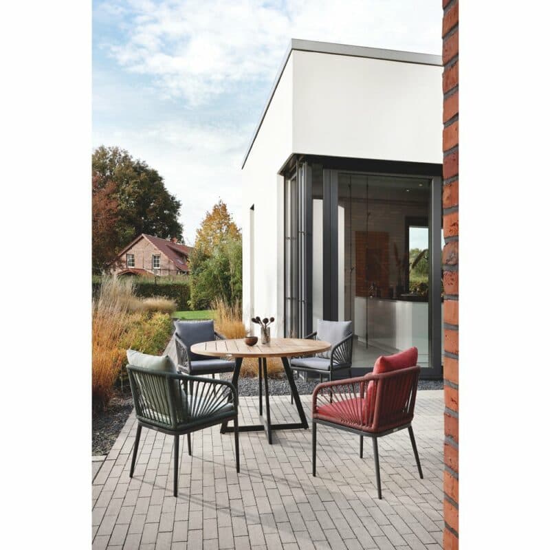 Niehoff "Milan" Gartentisch Ø 125 cm, Gestell Stahl anthrazit, Tischplatte Teakholz geölt und Stuhl "Pino"