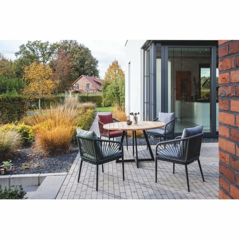 Niehoff "Milan" Gartentisch Ø 125 cm, Gestell Stahl anthrazit, Tischplatte Teakholz geölt und Stuhl "Pino"