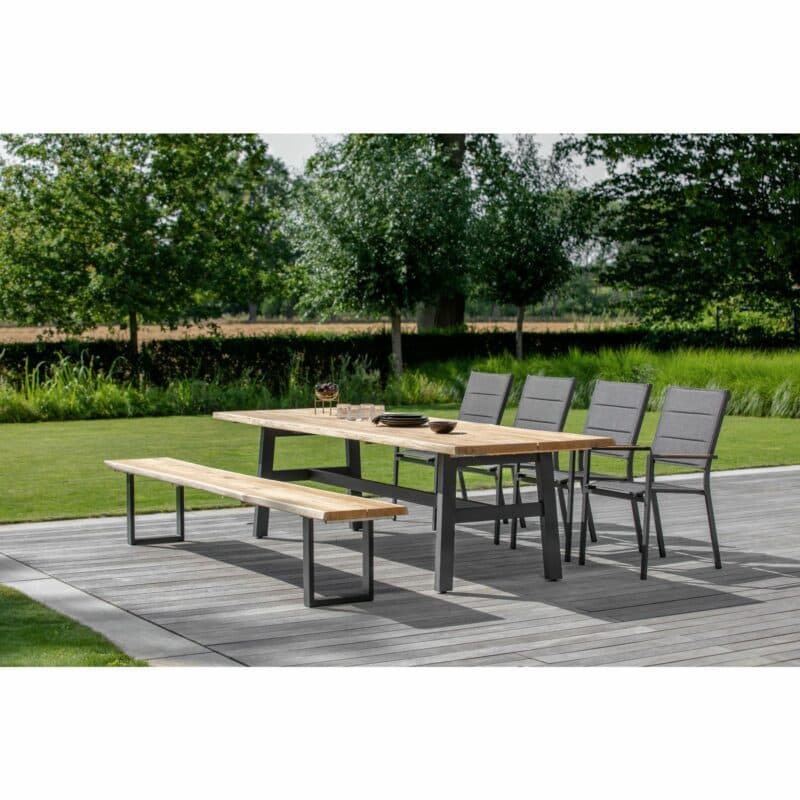 Niehoff "Tavo" Gartentisch 280x95 cm & Gartenbank 280 cm mit Gartenstuhl "Nantes", Gestell Aluminium anthrazit, Tischplatte & Sitzfläche Bank Teak, Sitzfläche Stuhl Batyline schwarz