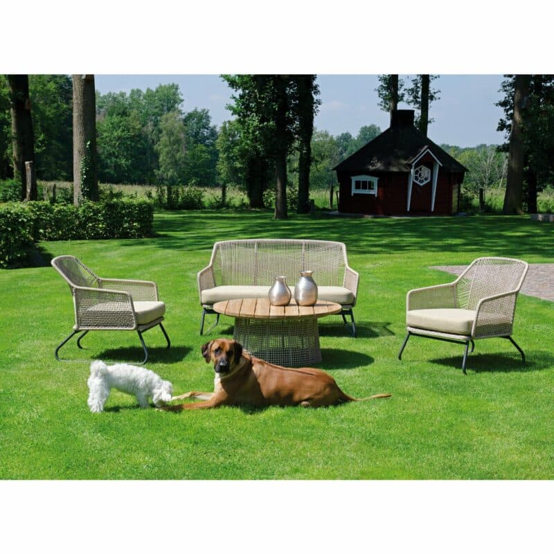 SonnenPartner "Couture" Loungegruppe, Gestell Aluminium, Kunststoffgeflecht white-shell, Kissen white-shell, Tischplatte Teak