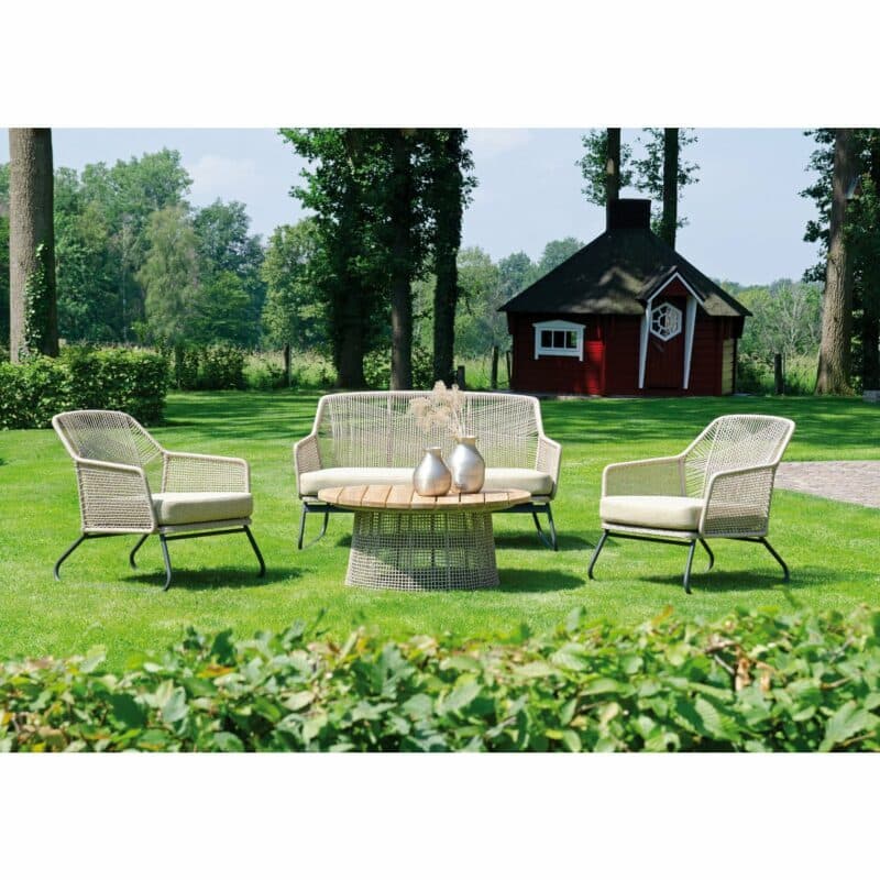 SonnenPartner "Couture" Loungegruppe, Gestell Aluminium, Kunststoffgeflecht white-shell, Kissen white-shell, Tischplatte Teak