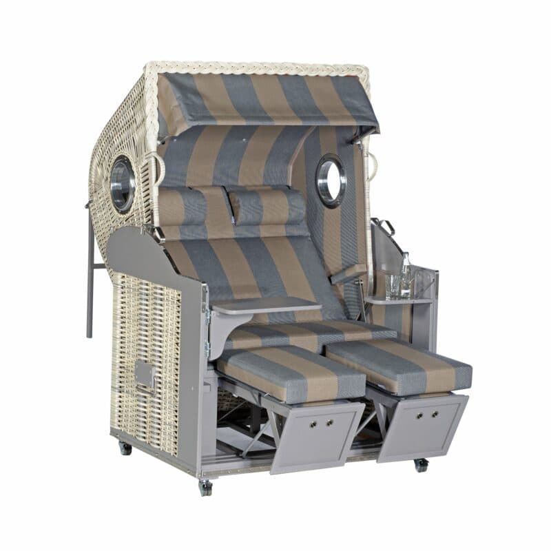 Sonnenpartner Strandkorb "Classic-Bullauge" 2-Sitzer, Volllieger, Geflecht Antik-Weiß, Markisenstoff Dessin 74