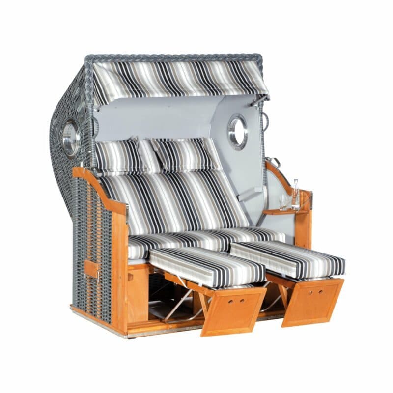 Sonnenpartner "Classic-Bullauge" Strandkorb XL-2-Sitzer, Halbliegemodell, Geflecht Onix, Markisenstoff Dessin 172 mit uni hellgrau