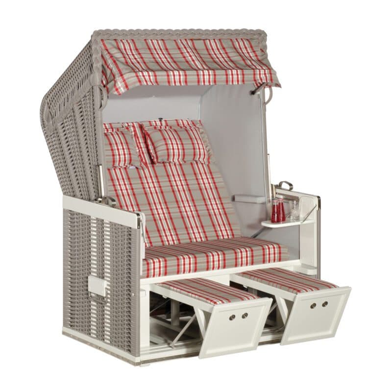 Sonnenpartner Strandkorb "Konsul", 2-Sitzer, Polyrattan taupe, Stoff-Dessin modena rot und uni hellgrau