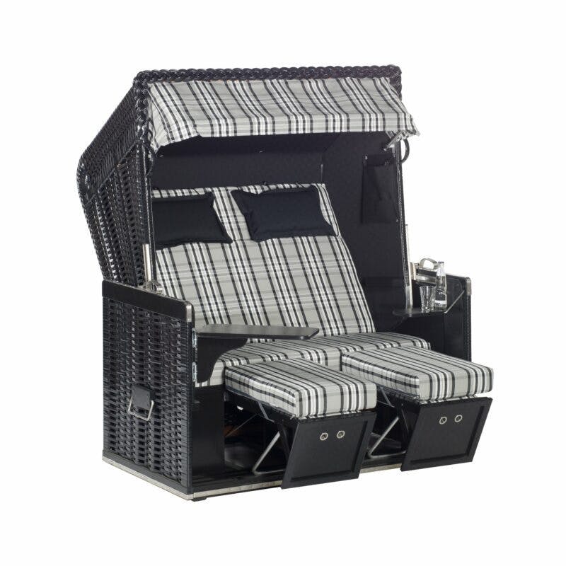Sonnenpartner Strandkorb "Konsul", XL-2-Sitzer, Polyrattan schwarz, Gartenmöbelstoff Modena schwarz mit Markisenstoff uni schwarz