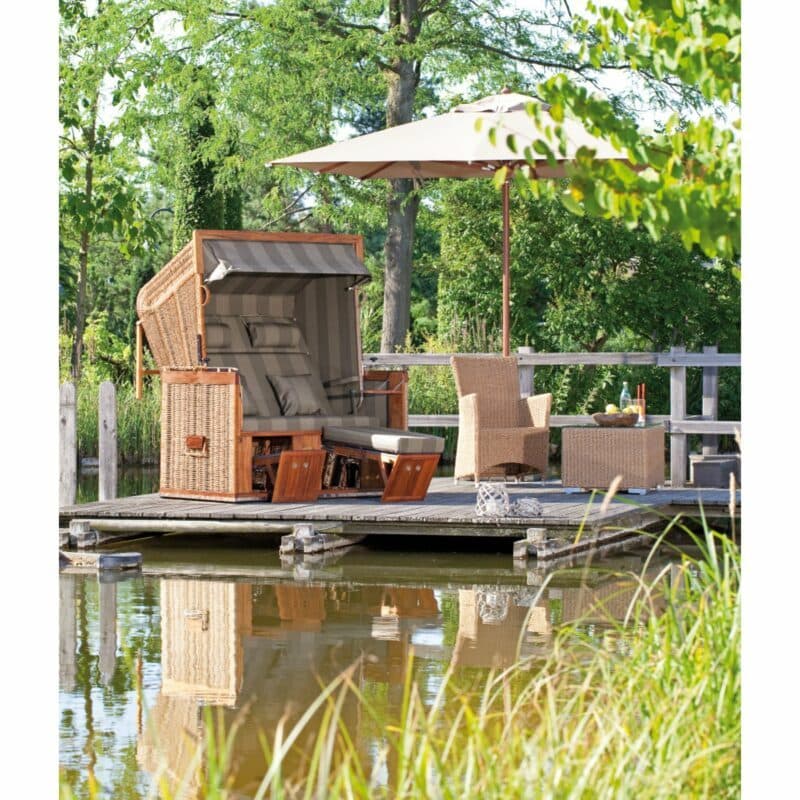 Sonnenpartner Strandkorb "Präsident Teak", 2-Sitzer, Polyrattan Rundgeflecht Hyazinthoptik, Markisenstoff Dessin 39