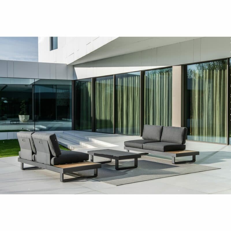 Jati&Kebon "Murlo" 2-Sitzer Loungesofa, Aluminium Eisengrau, Ablagen Teak, Kissen Natté Sooty