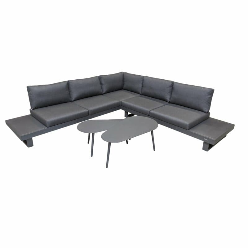 Jati&Kebon "Livio" Loungeset 2-tlg., Aluminium Eisengrau, Kissen Natté Sooty mit Kaffeetisch-Set "Amazone"
