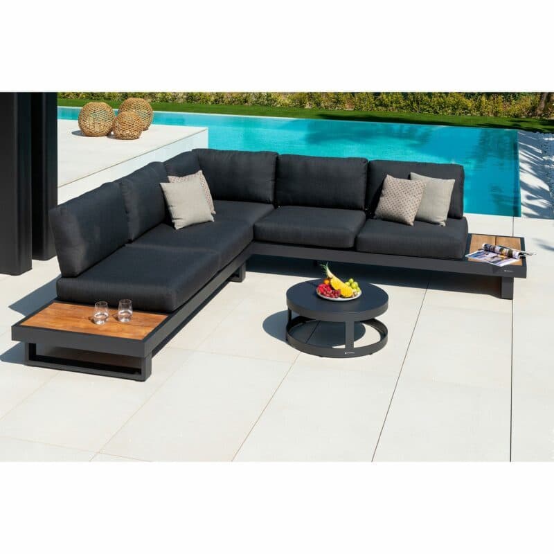 Jati&Kebon "Murlo" Loungeset 2-tlg., Aluminium Eisengrau, Ablagen Teak, Kissen Natté Sooty