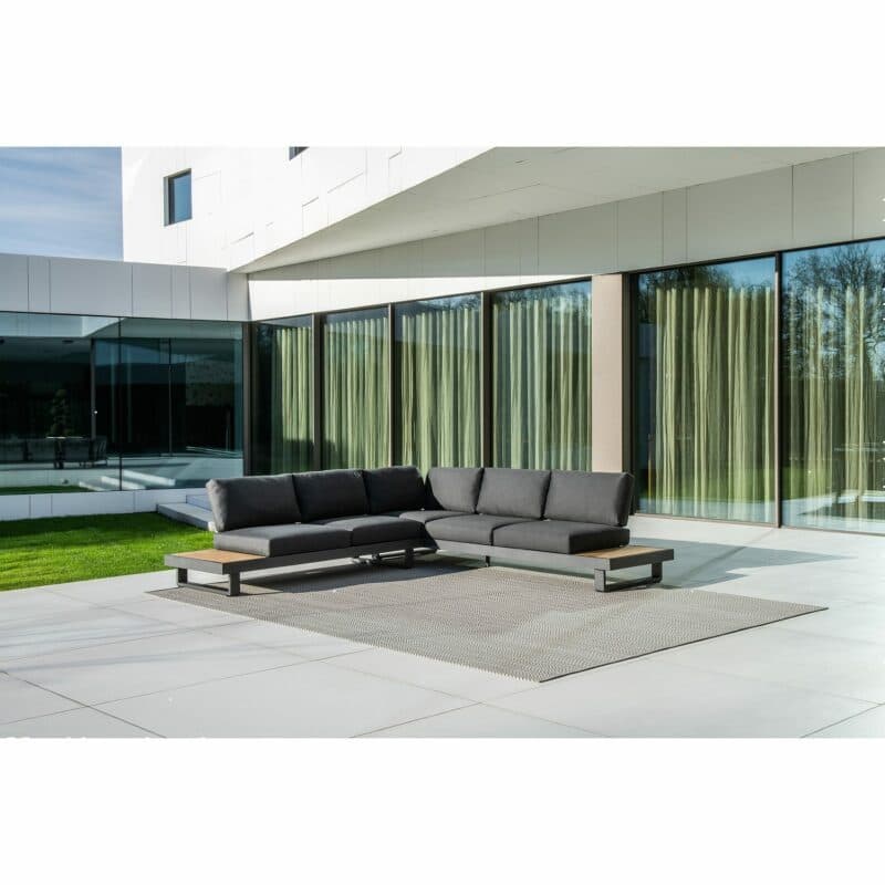Jati&Kebon "Murlo" Loungeset 2-tlg., Aluminium Eisengrau, Ablagen Teak, Kissen Natté Sooty