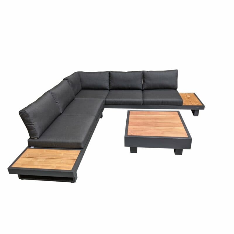 Jati&Kebon "Murlo" Loungeset 2-tlg., Aluminium Eisengrau, Ablagen Teak, Kissen Natté Sooty und Loungetisch 90x90cm "Bari"