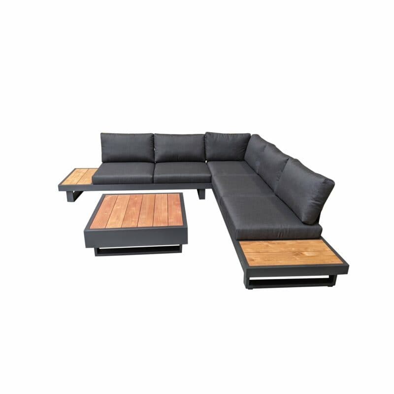 Jati&Kebon "Murlo" Loungeset 2-tlg., Aluminium Eisengrau, Ablagen Teak, Kissen Natté Sooty und Loungetisch 90x90cm "Bari"