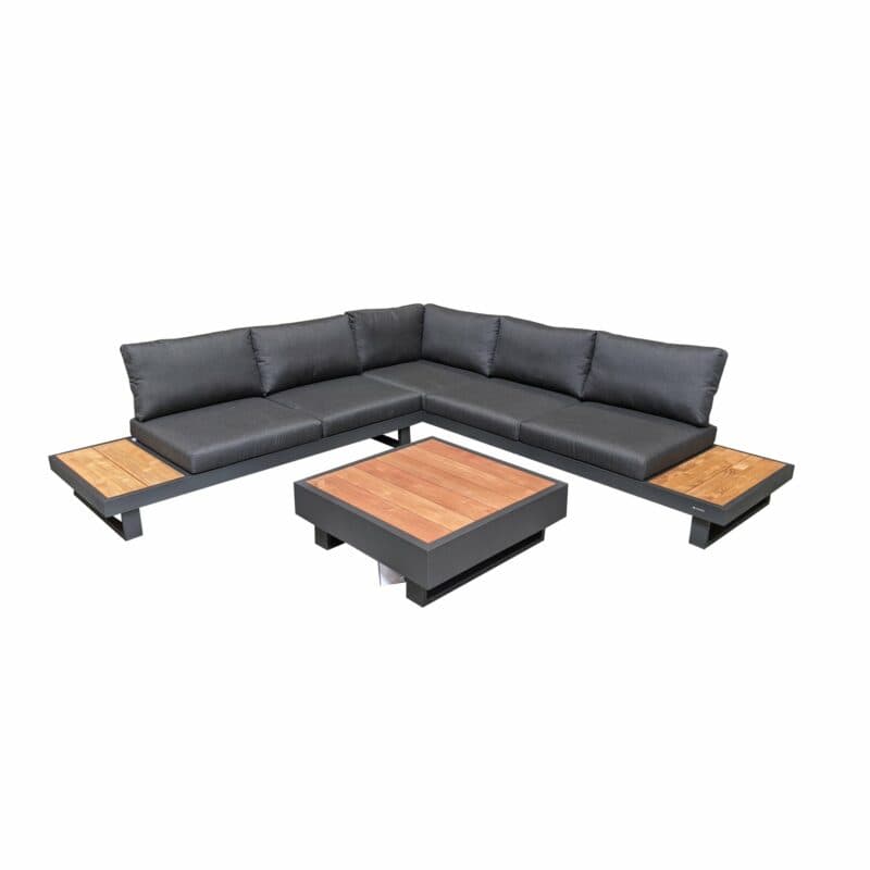 Jati&Kebon "Murlo" Loungeset 2-tlg., Aluminium Eisengrau, Ablagen Teak, Kissen Natté Sooty und Loungetisch 90x90cm "Bari"