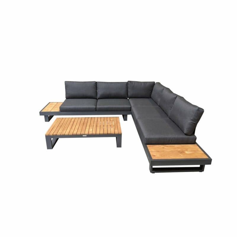 Jati&Kebon "Murlo" Loungeset 2-tlg., Aluminium Eisengrau, Ablagen Teak, Kissen Natté Sooty und Loungetisch 120x75cm "Virginia"