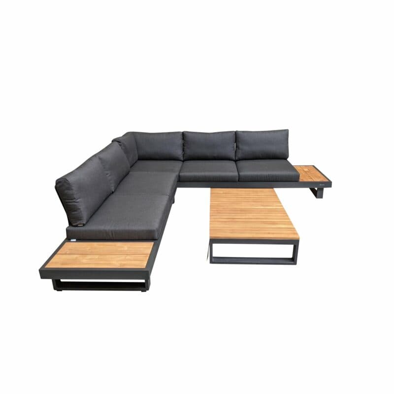 Jati&Kebon "Murlo" Loungeset 2-tlg., Aluminium Eisengrau, Ablagen Teak, Kissen Natté Sooty und Loungetisch 120x75cm "Virginia"
