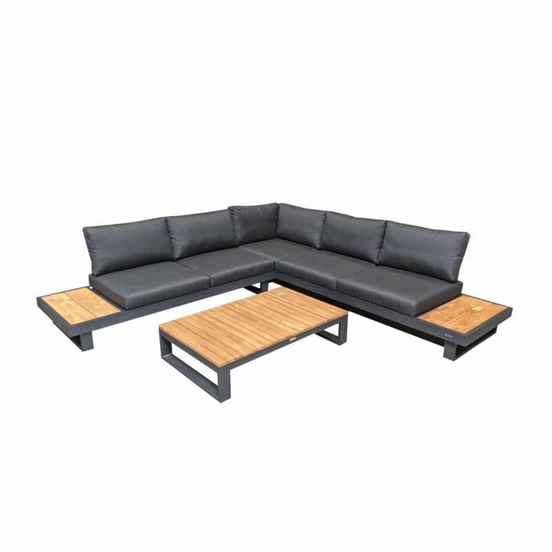 Jati&Kebon "Murlo" Loungeset 2-tlg., Aluminium Eisengrau, Ablagen Teak, Kissen Natté Sooty und Loungetisch 120x75cm "Virginia"