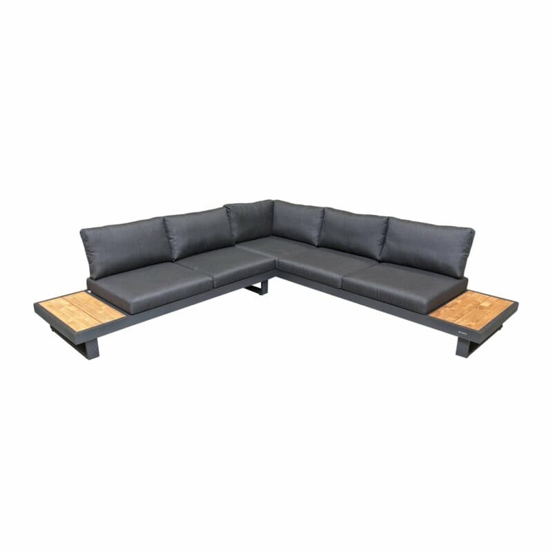 Jati&Kebon "Murlo" Loungeset 2-tlg., Aluminium Eisengrau, Ablagen Teak, Kissen Natté Sooty