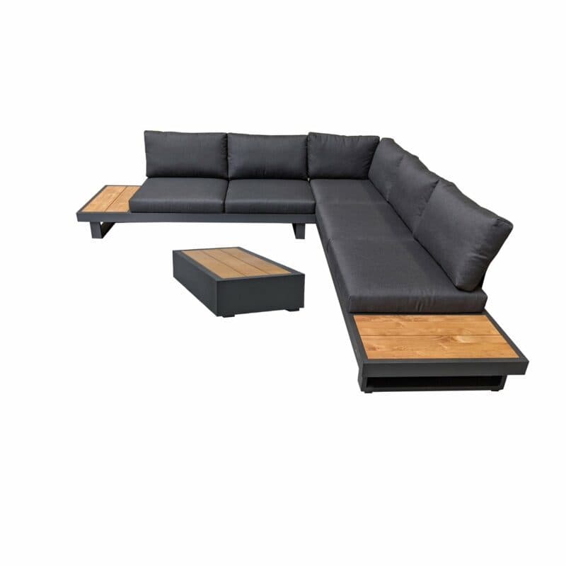 Jati&Kebon "Murlo" Loungeset 2-tlg., Aluminium Eisengrau, Ablagen Teak, Kissen Natté Sooty und Loungetisch 90x45cm "Bari"