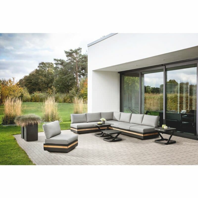 Niehoff "Volano" Loungeserie, Gestell Aluminium anthrazit mit Teakholz-Einlage, Polster Outdoor-Gewebe Canvas Heather anthrazit mit Loungetisch "Quattro"