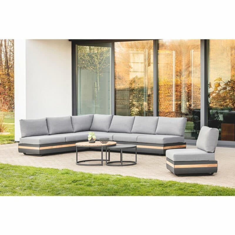 Niehoff "Volano" Loungeserie, Gestell Aluminium anthrazit mit Teakholz-Einlage, Polster Outdoor-Gewebe Canvas Heather anthrazit mit Loungetisch "Serra"