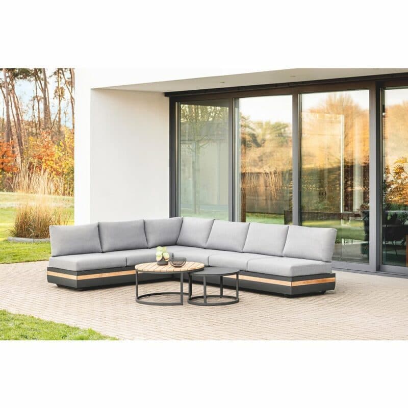 Niehoff "Volano" Loungeserie, Gestell Aluminium anthrazit mit Teakholz-Einlage, Polster Outdoor-Gewebe Canvas Heather anthrazit mit Loungetisch "Serra"