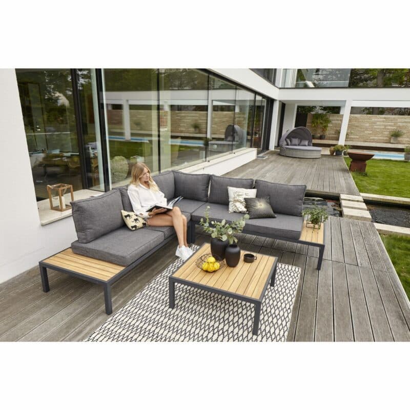 Home Islands "Mai Ton" Eckloungeset, Edelstahl anthrazit, Textilgewebe grau, Ablagen Teak