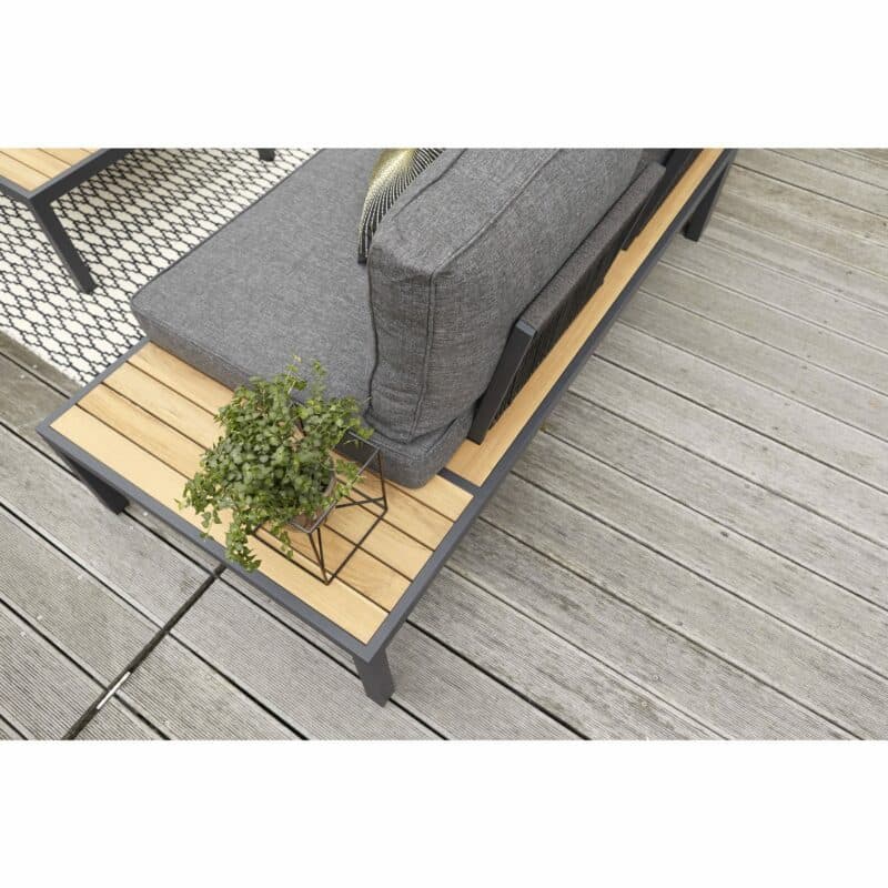 Home Islands "Mai Ton" Eckloungeset, Edelstahl anthrazit, Textilgewebe grau, Ablagen Teak