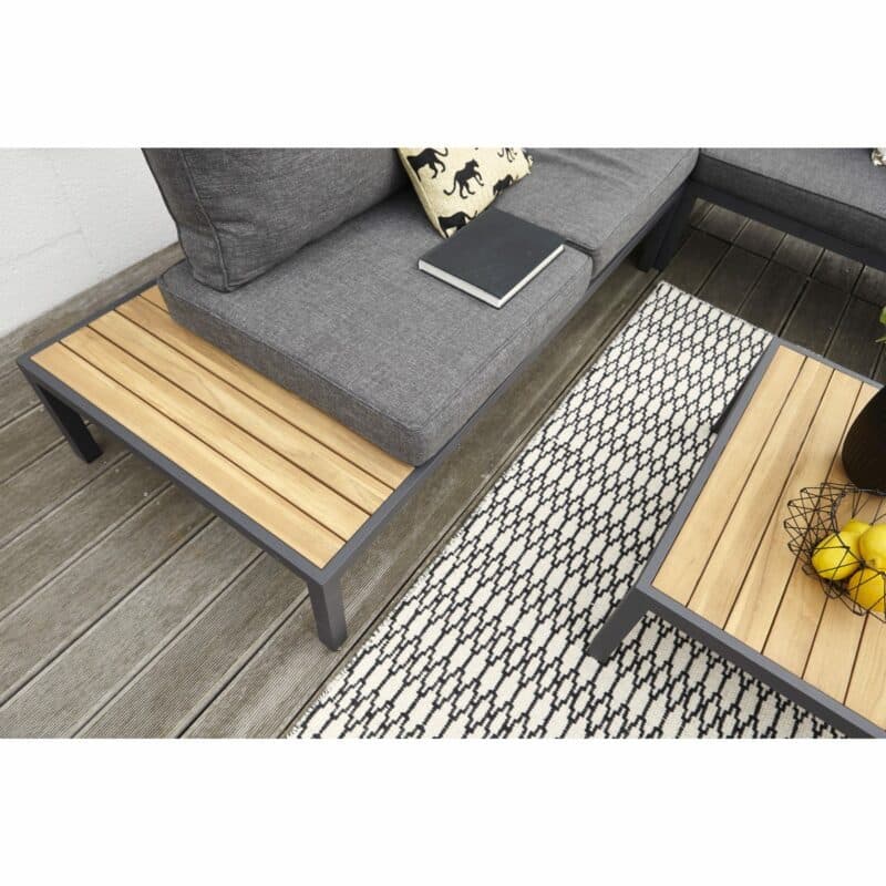 Home Islands "Mai Ton" Eckloungeset, Edelstahl anthrazit, Textilgewebe grau, Ablagen Teak