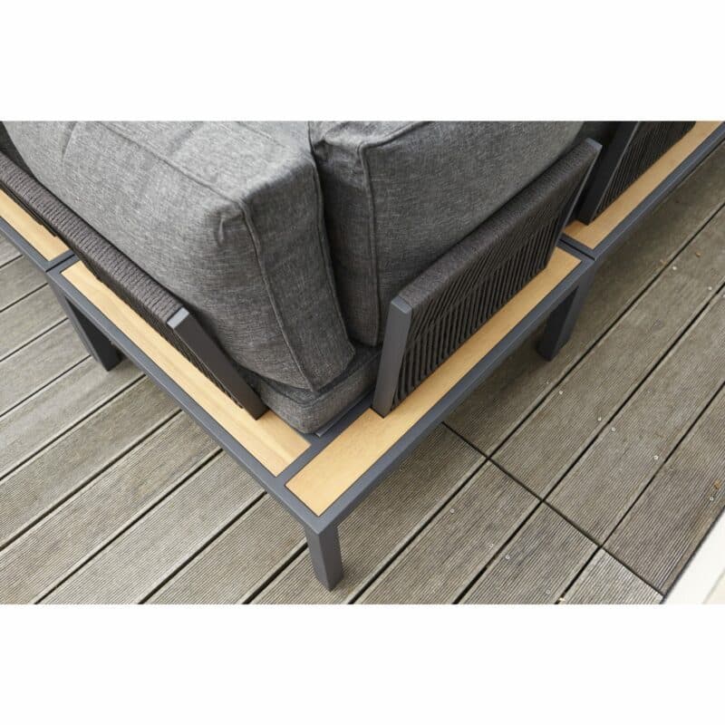 Home Islands "Mai Ton" Eckloungeset, Edelstahl anthrazit, Textilgewebe grau, Ablagen Teak