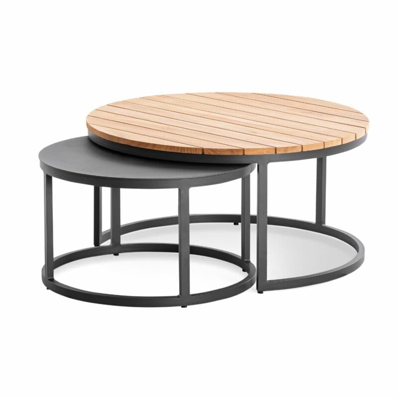 Niehoff "Serra" Loungetische, Aluminium anthrazit Ø 60 cm und Tischplatte Teakholz-Lamellen Ø 80 cm