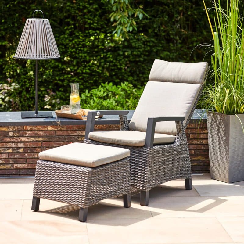 Siena Garden "Corido" Fußhocker und Diningsessel, Gestell Aluminium anthrazit matt, Geflecht charcoal grey, Polster taupe meliert