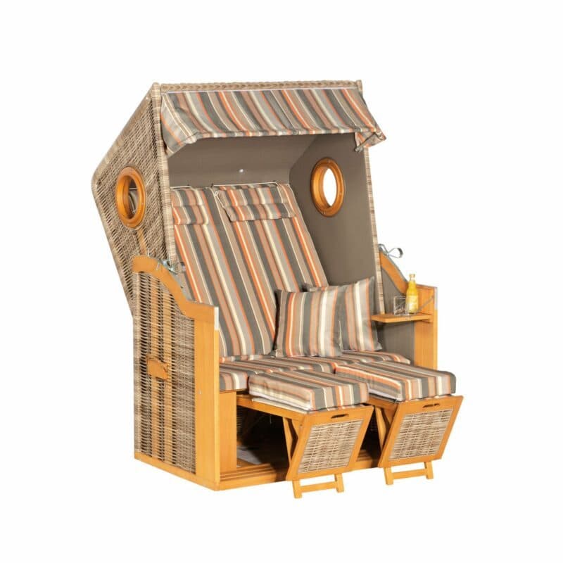SunnySmart Strandkorb "30 Z Bullauge", Pininenholz teakfarben gebürstet, Geflecht Natura-Antik, Stoff-Nr. 1235