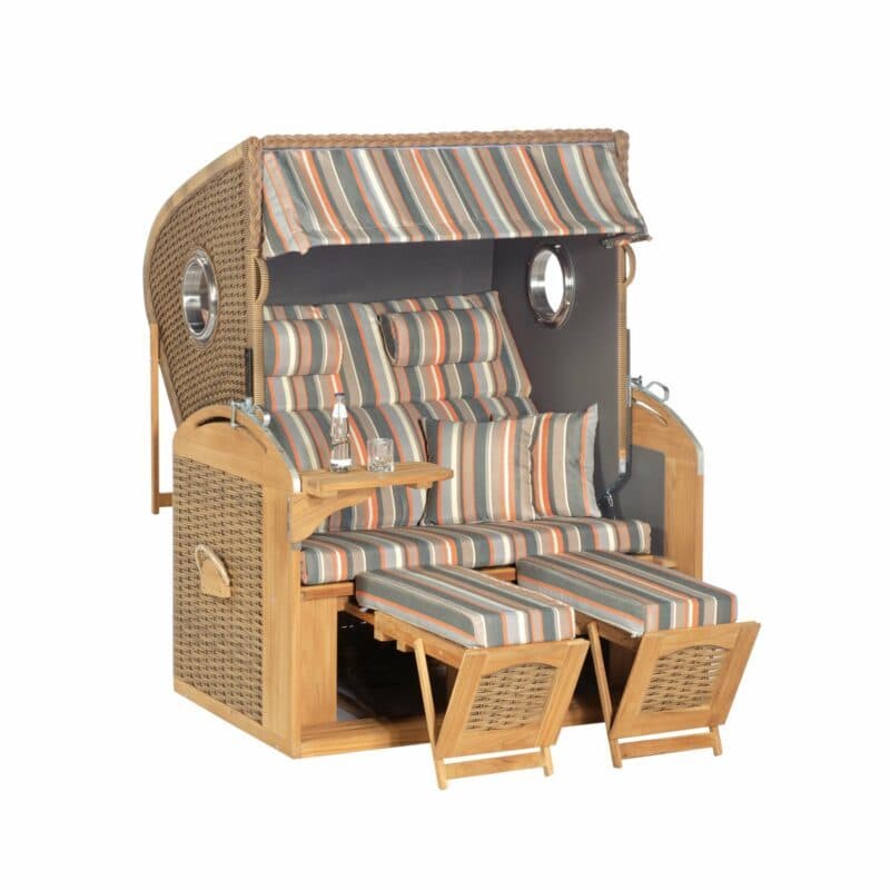 Strandkorb "305 Z Teak XL", Teakholz natur, Geflecht antik-braun, mit Bullaugen, Stoff-Nr. 1235