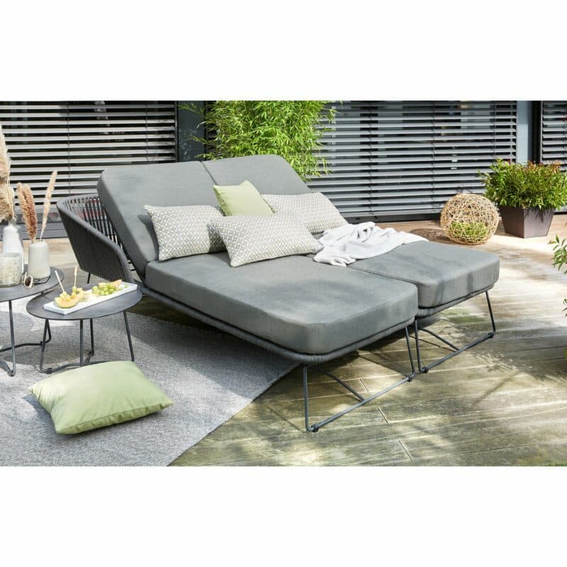 Diamond Garden "Milos" Daybed rechts und links, Gestell Edelstahl dunkelgrau, Rope dunkelgrau, Kissen Olefin grau und "Bristol" Loungetisch